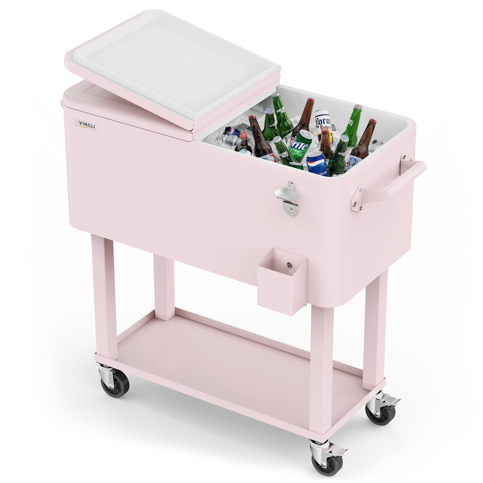 80 Quart Portable Outdoor Patio Rooling Cooler Cart Pink