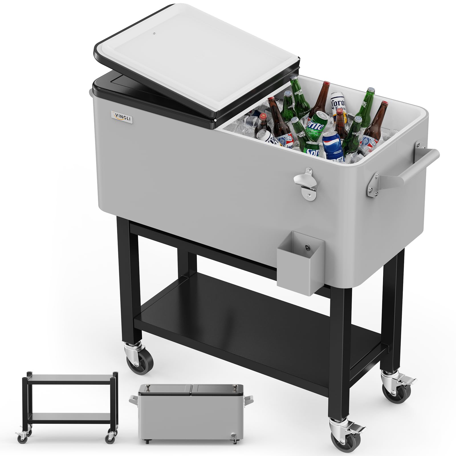 60 Quart Portable Patio Rooling Cooler Cart Detachable Grey