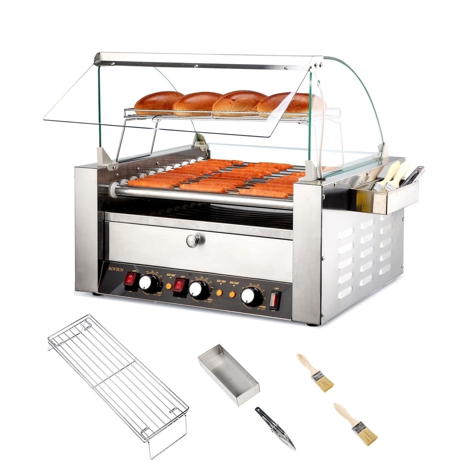 ROVSUN 11 Rollers 2,000W 110V 30 Hot Dog Roller Grill with Cover & Bun Warmer