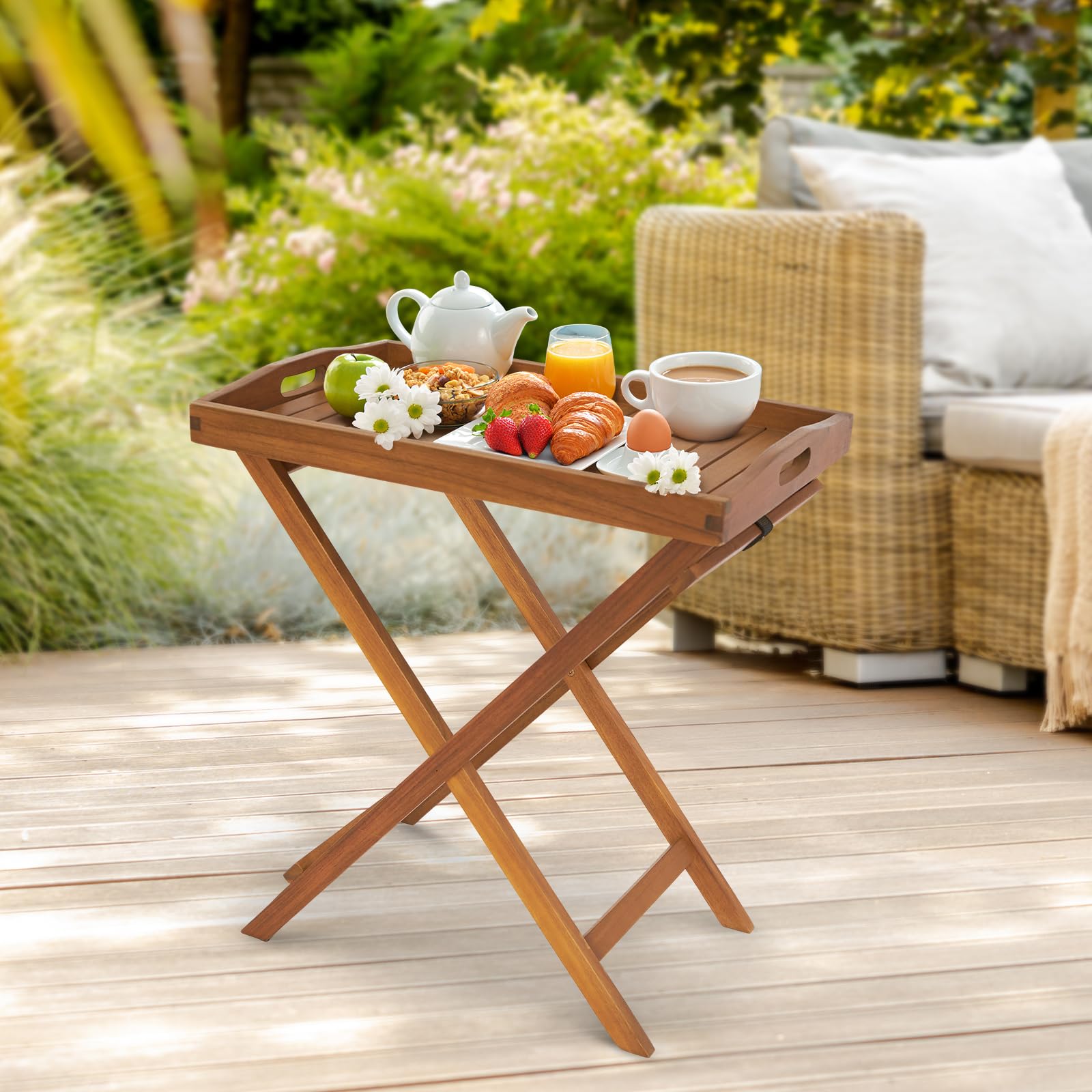 26 Inch FSC Acacia Wooden Folding Table with Removable Tray