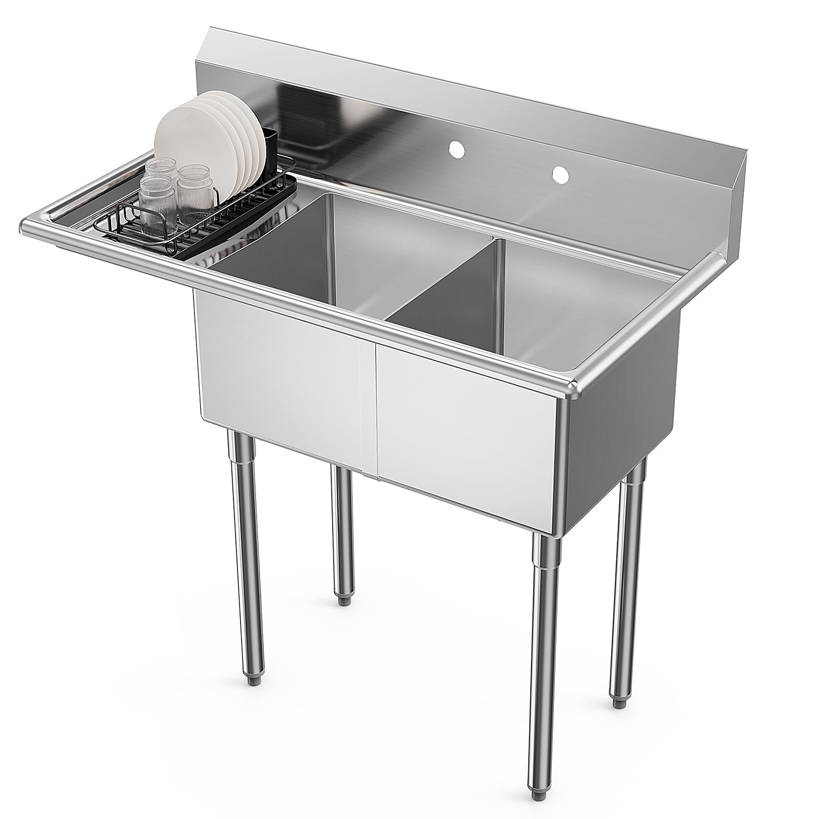 ROVSUN 43" 2 Compartment 304 Stainless Steel Sink with Left Side Drainboard