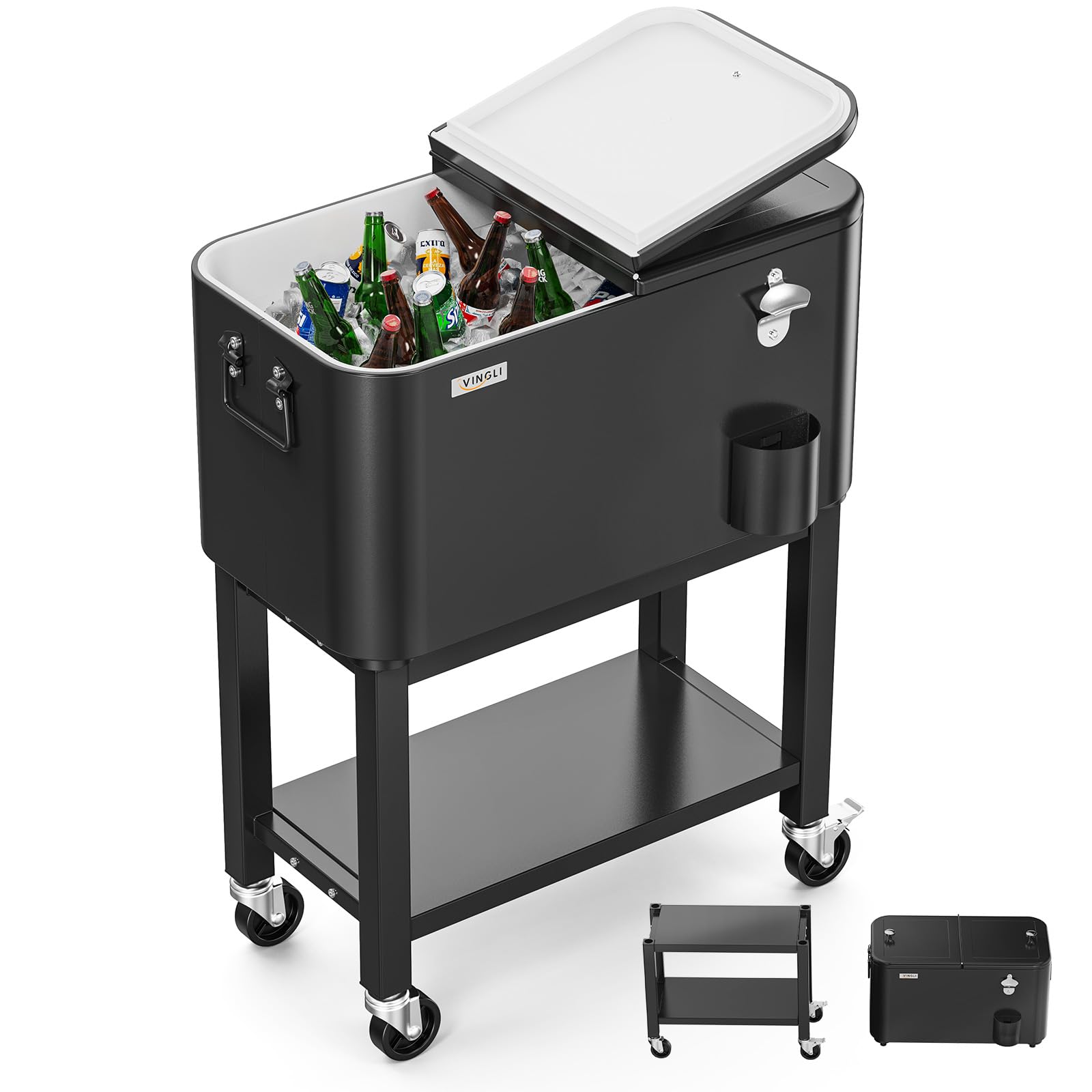 60 Quart Portable Patio Rooling Cooler Cart Detachable Black