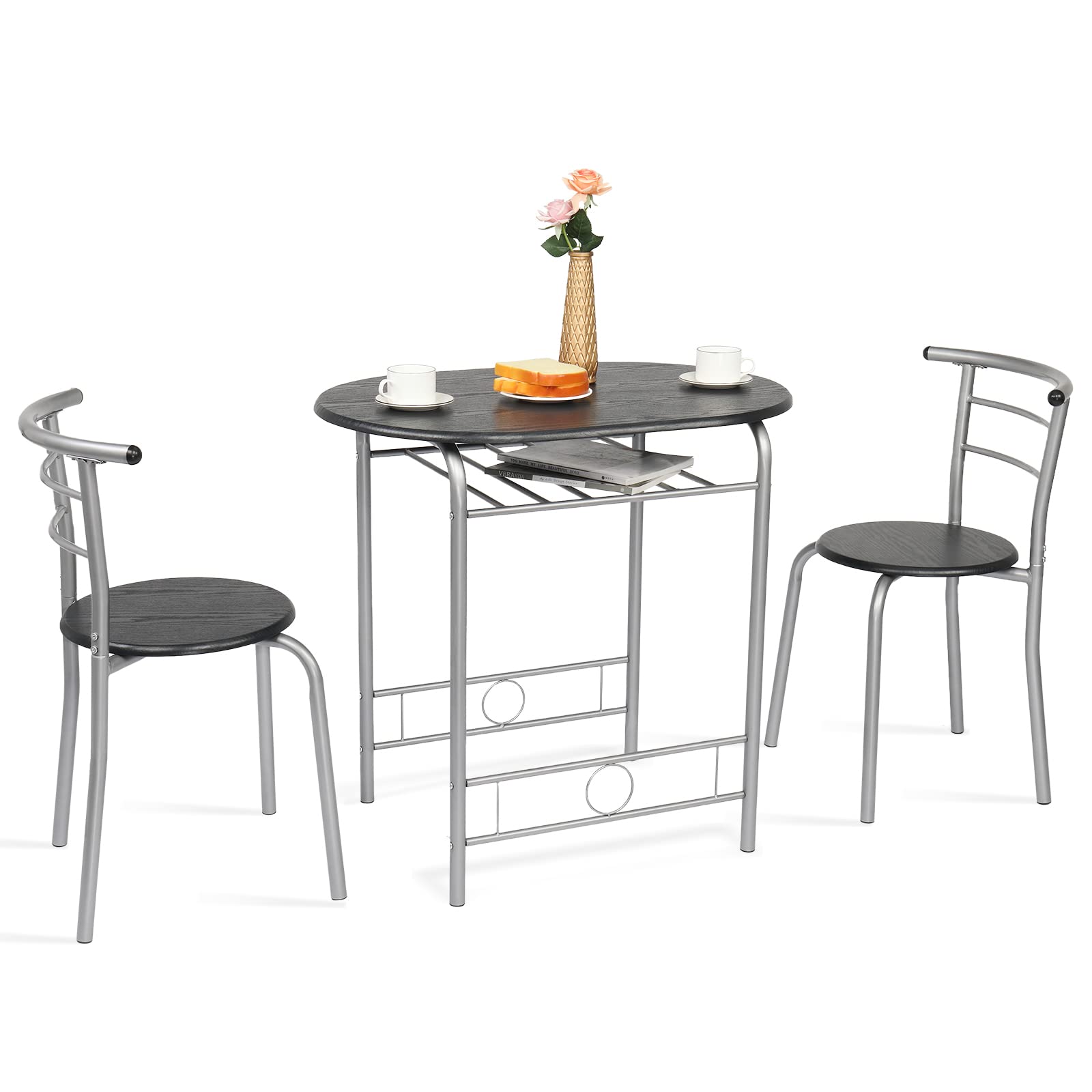 3 Piece Dining Set Wooden Table and 2 Chairs Black Silver