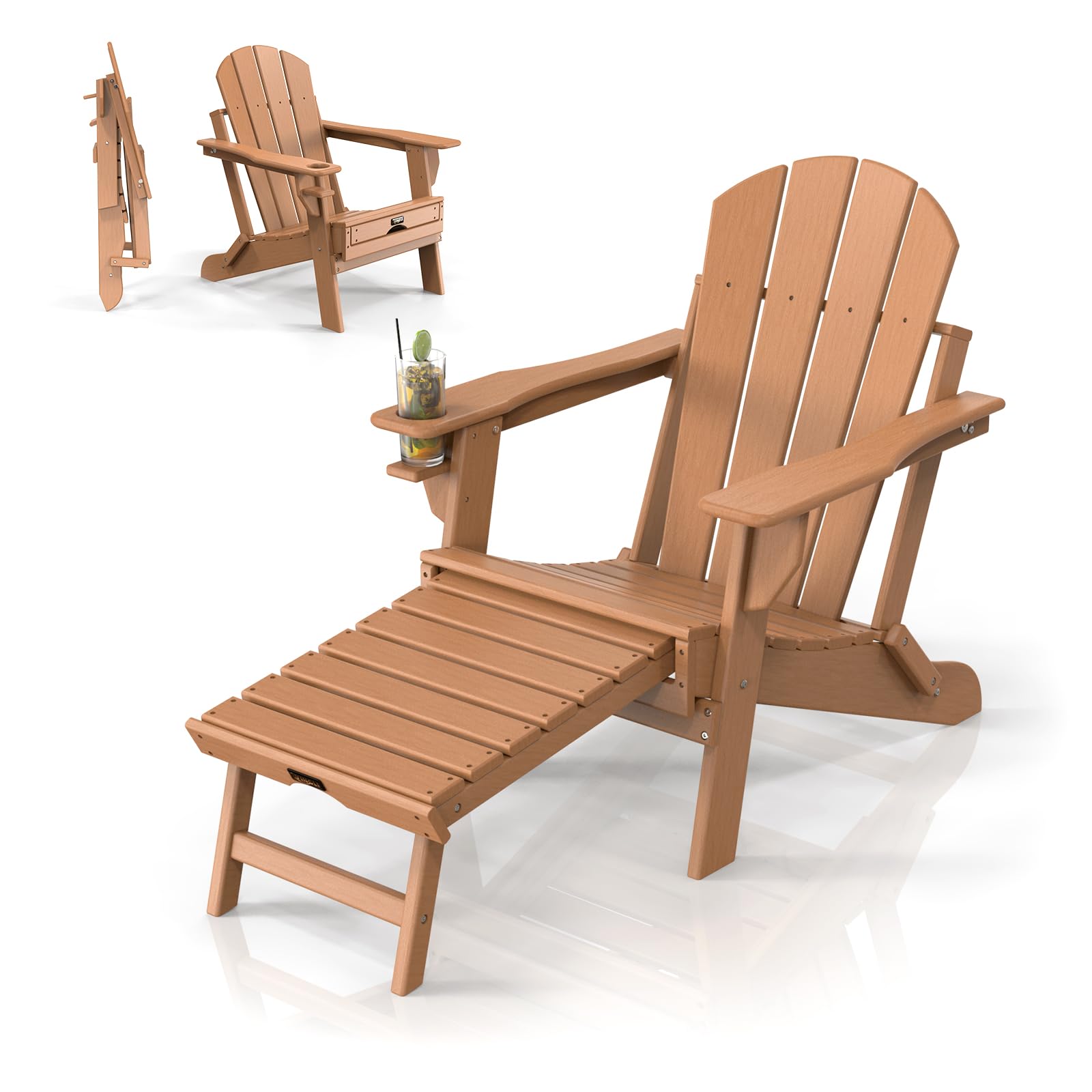 Plastic Folding HDPE Adirondack Chair with Ottoman Teak