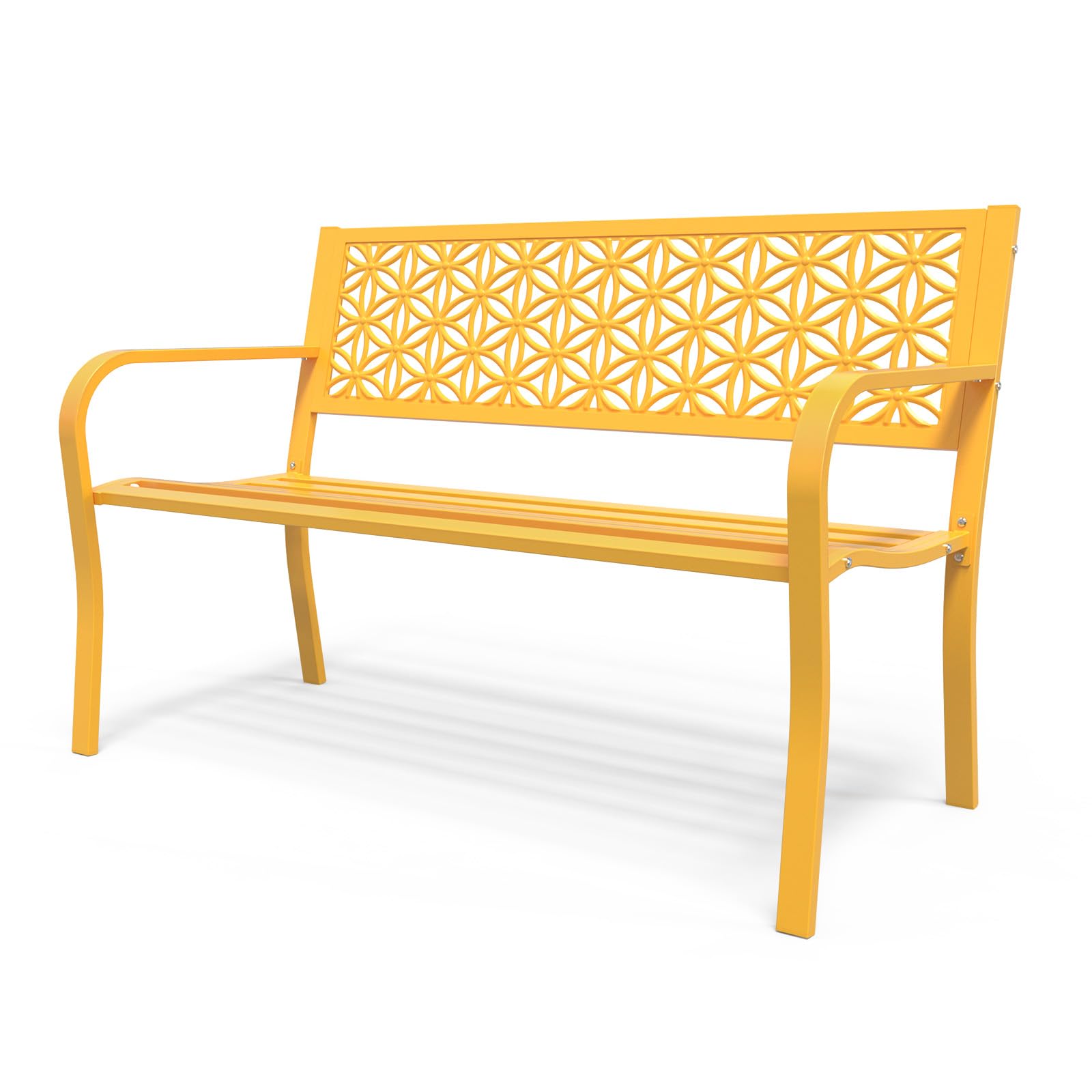 50 Inch Outdoor Bench Metal with Floral Back Yellow