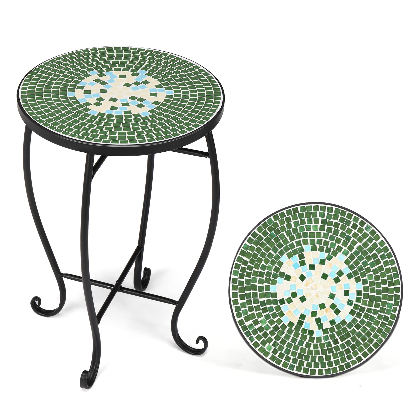 14 Inch Round Mosaic Outdoor Side Table Green Garden