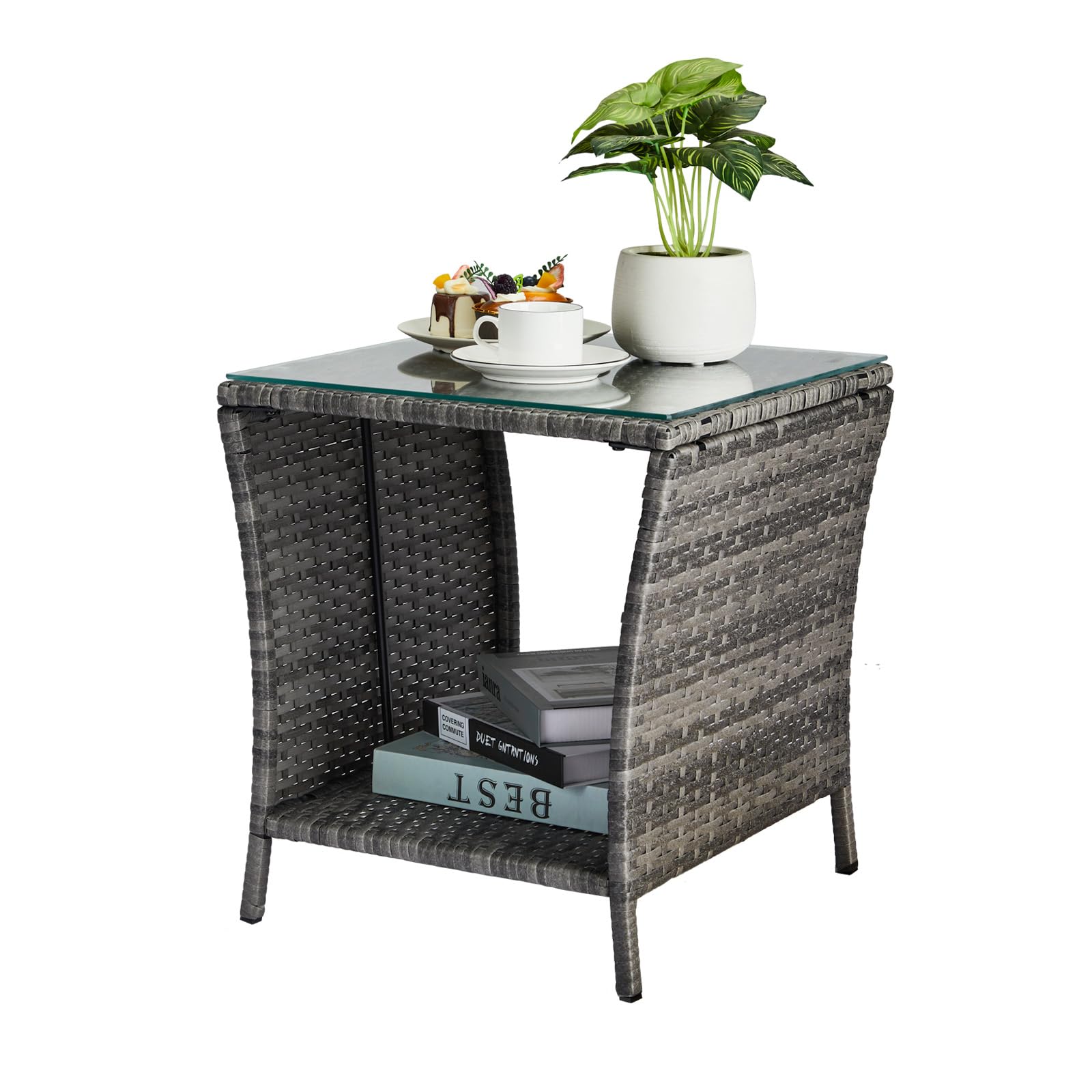 Outdoor Wicker Side Table with Storage Grey