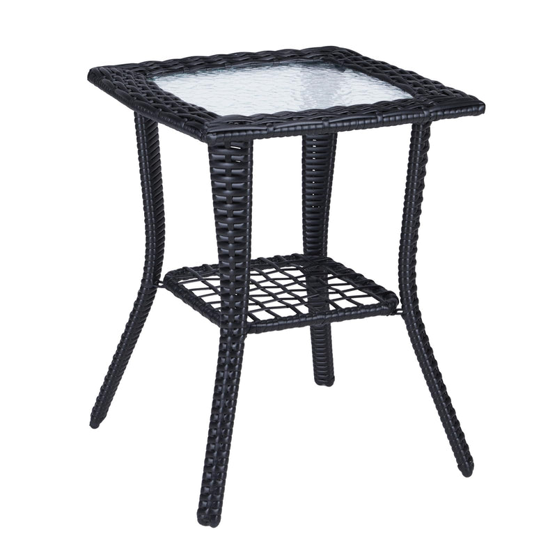 Outdoor Wicker Side Table with Tempered Glass Top Black