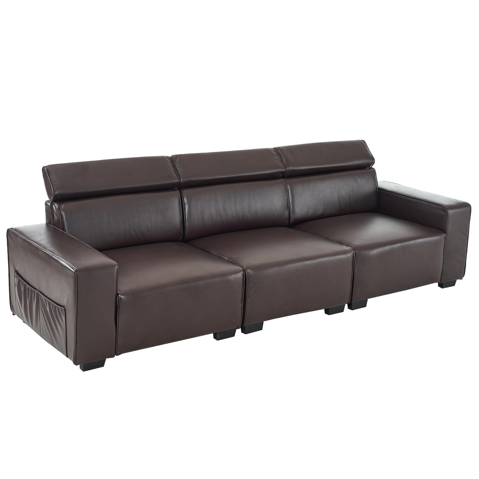 115 Inch 3 Seater Waiting Sofa with Adjustable Headrest PU Leather Brown