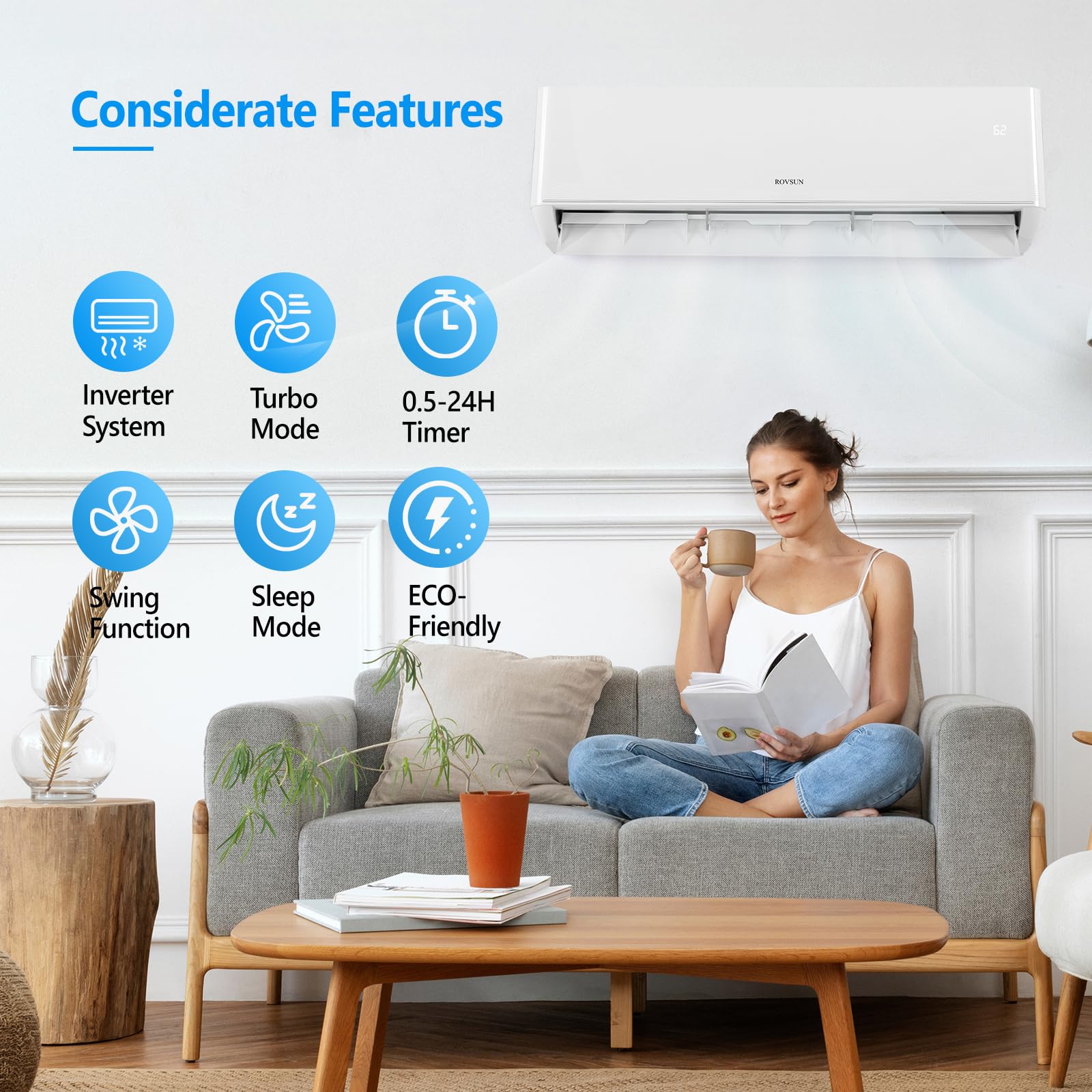 ROVSUN 12000 BTU 23 SEER2 230V Wifi Enabled Ductless Mini Split Air Conditioner with Heat Pump Inverter & Install Kit