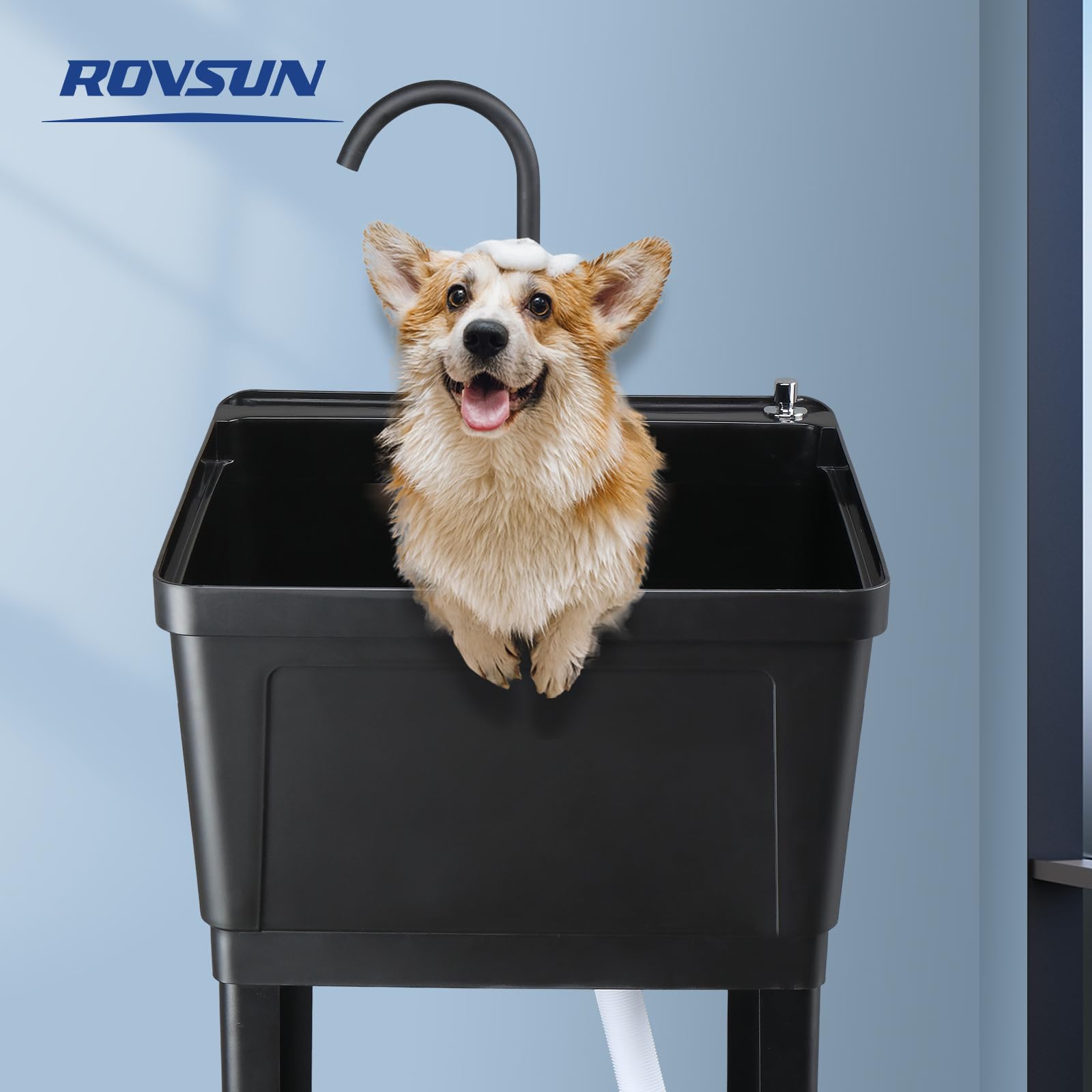 ROVSUN 24" Plastic Utility Sink with Storage Shelf Freestanding Black