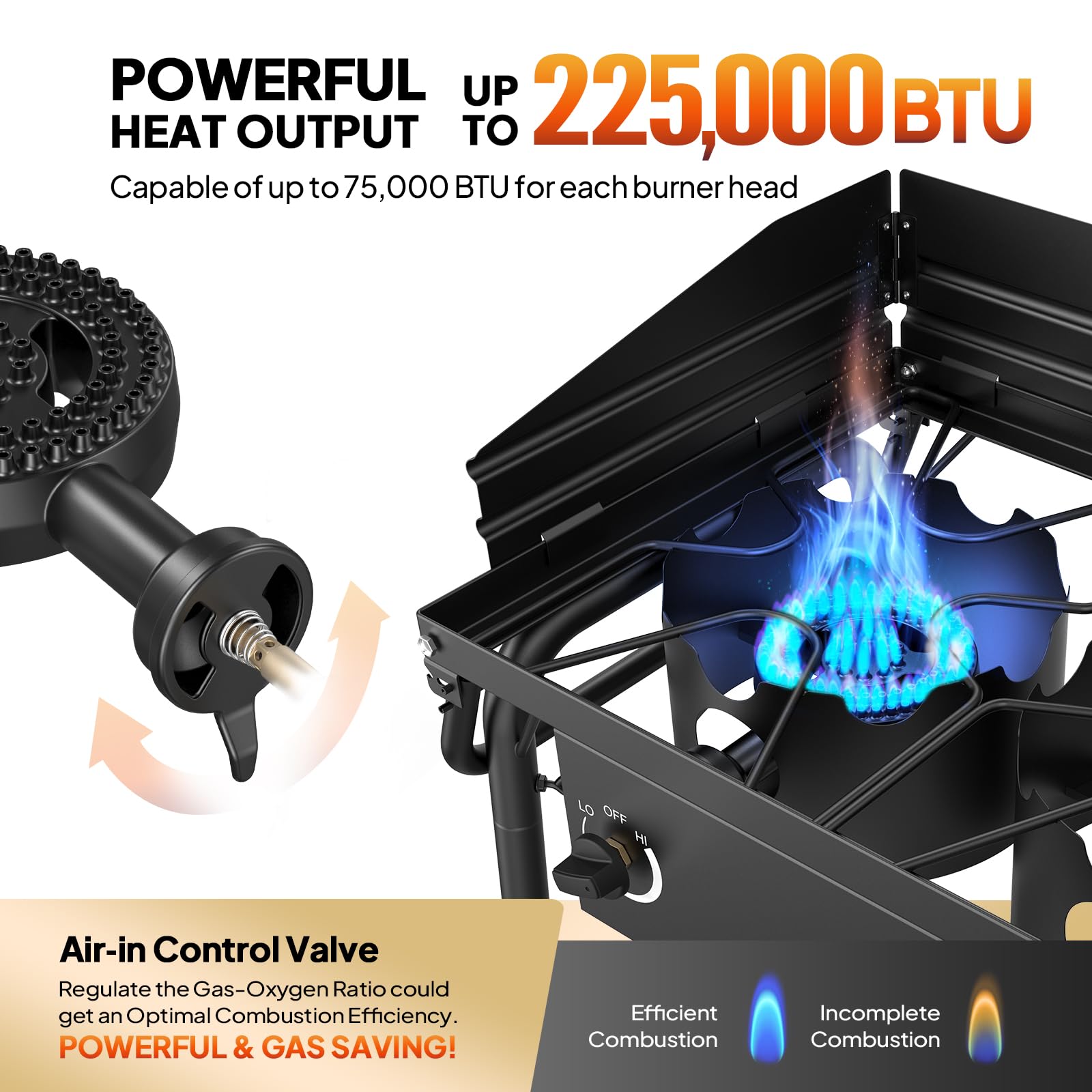 ROVSUN 3 Burner 225,000 BTU Outdoor Gas Propane Stove with Windpanel & Side Shelves & Carrying Bag