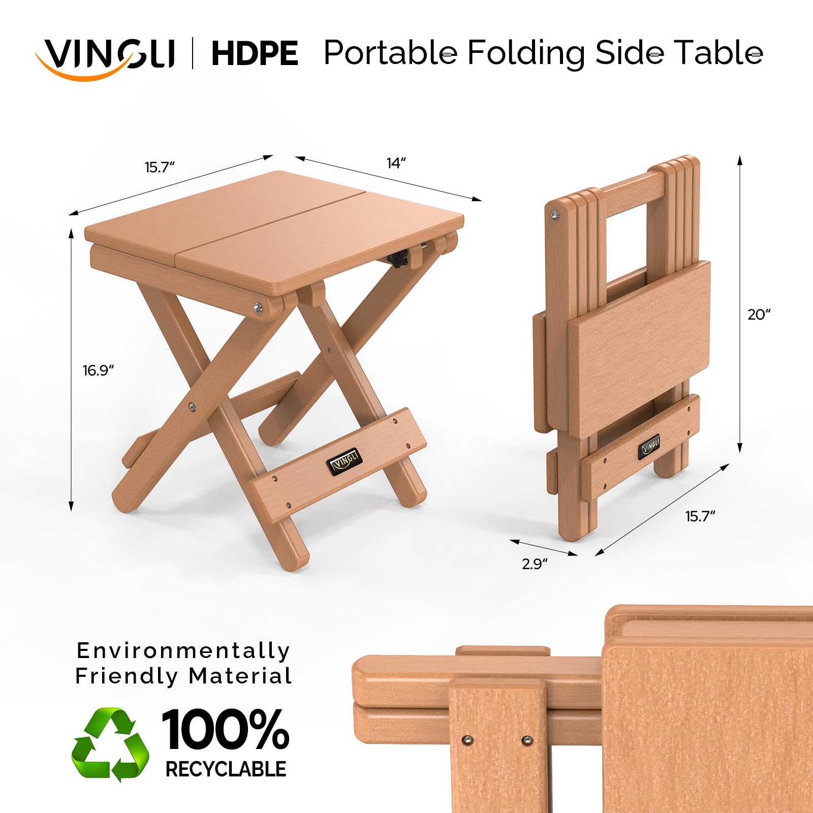 Square HDPE Folding Side Table Teak