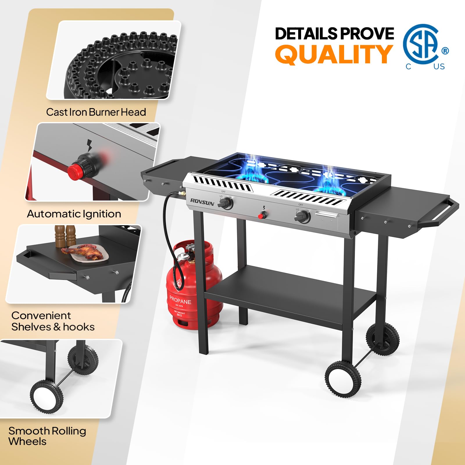 ROVSUN 2 Burner 150,000 BTU Gas Propane Stove with Side Shelves & Wheels