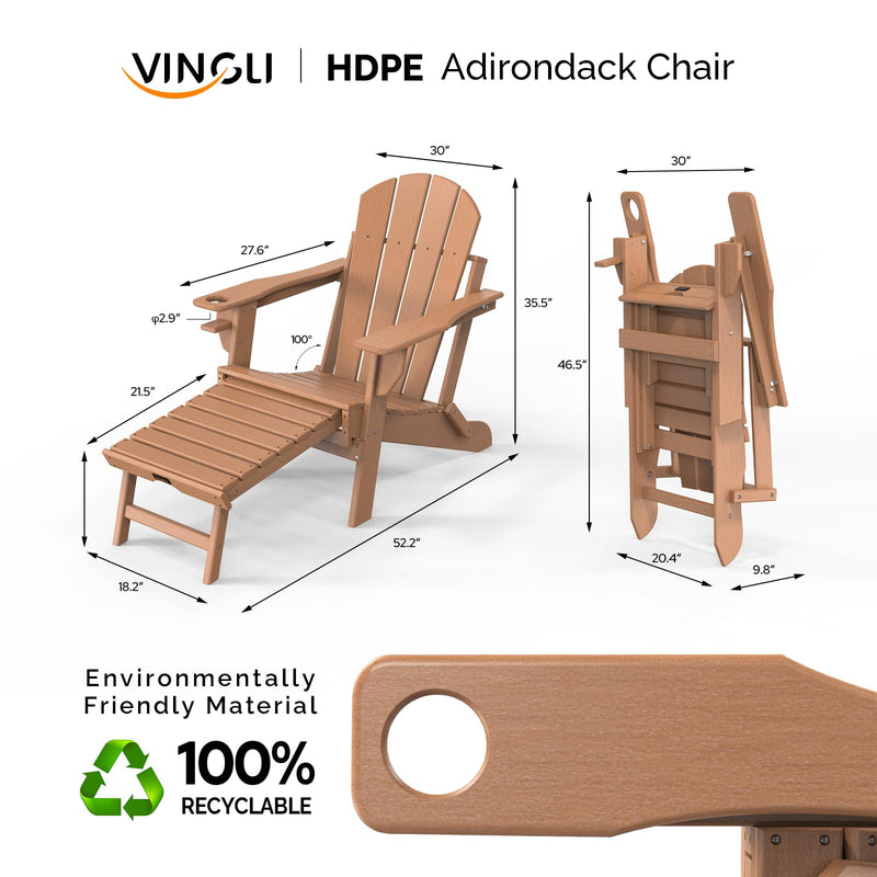 Plastic Folding HDPE Adirondack Chair with Ottoman Teak