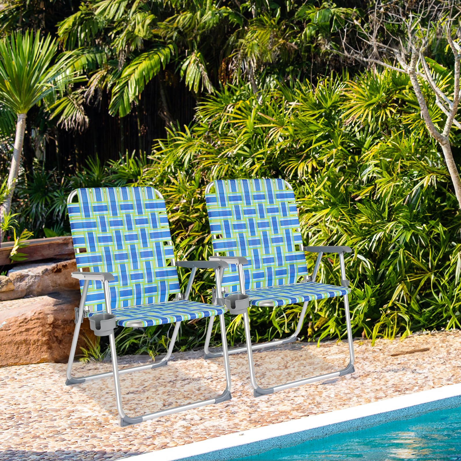 Oversized Outdoor Folding Camping Beach Chair Set with Cup Holder Blue