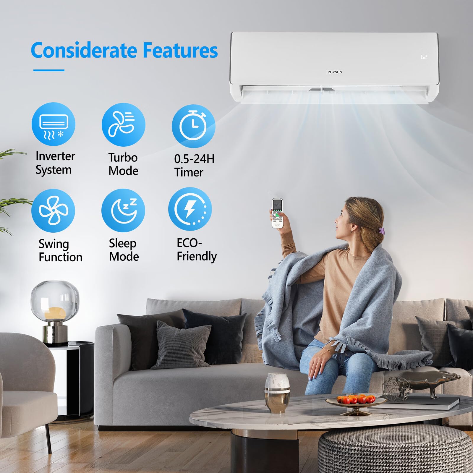 ROVSUN 11000 BTU 17 SEER2 230V Wifi Enabled Ductless Mini Split Air Conditioner with Heat Pump Inverter & Install Kit