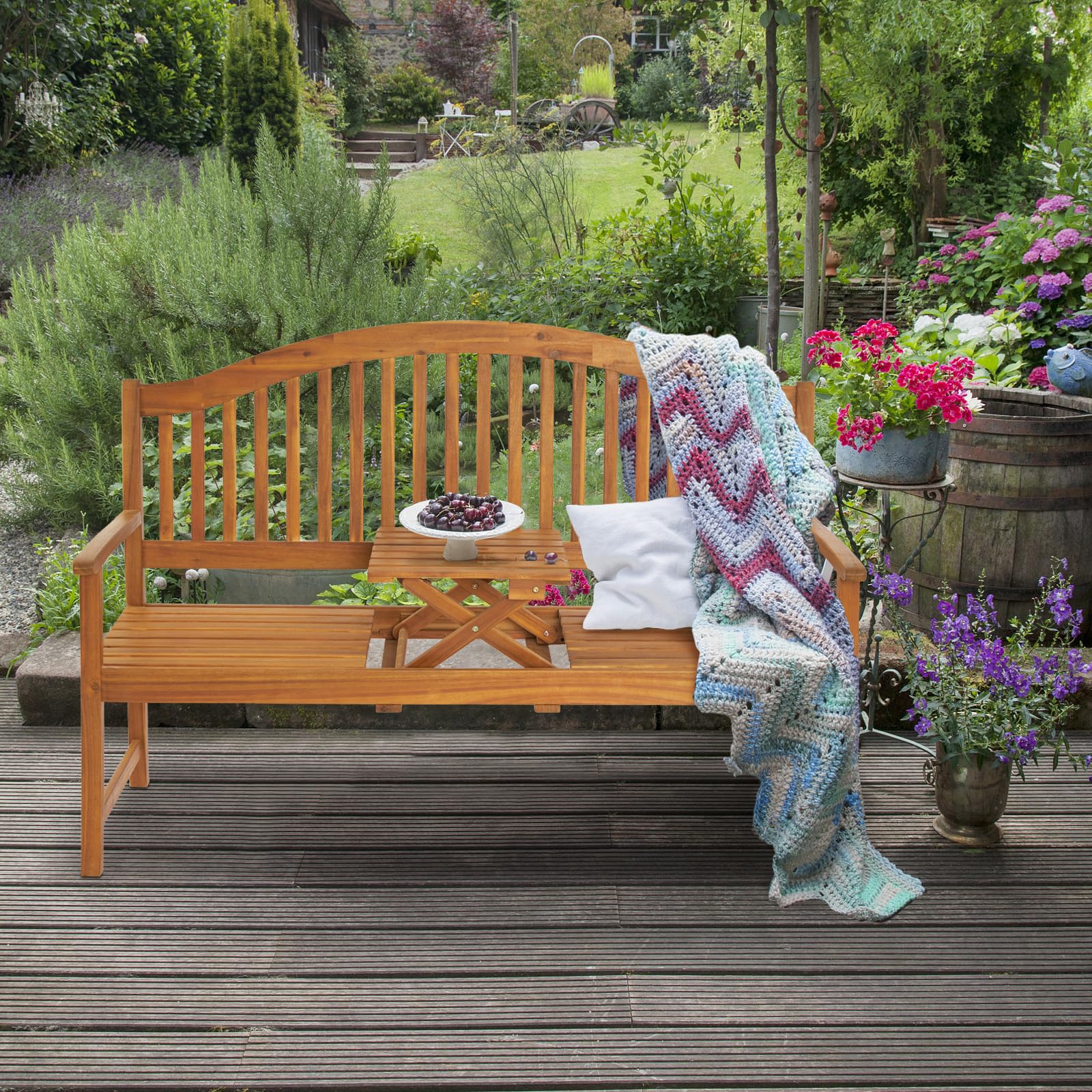 59 Inch Outdoor Bench Wood with Built in Table