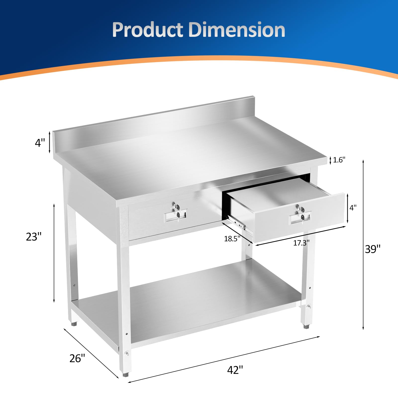 ROVSUN 42 x 26 Inches Stainless Steel Table with 2 Drawers