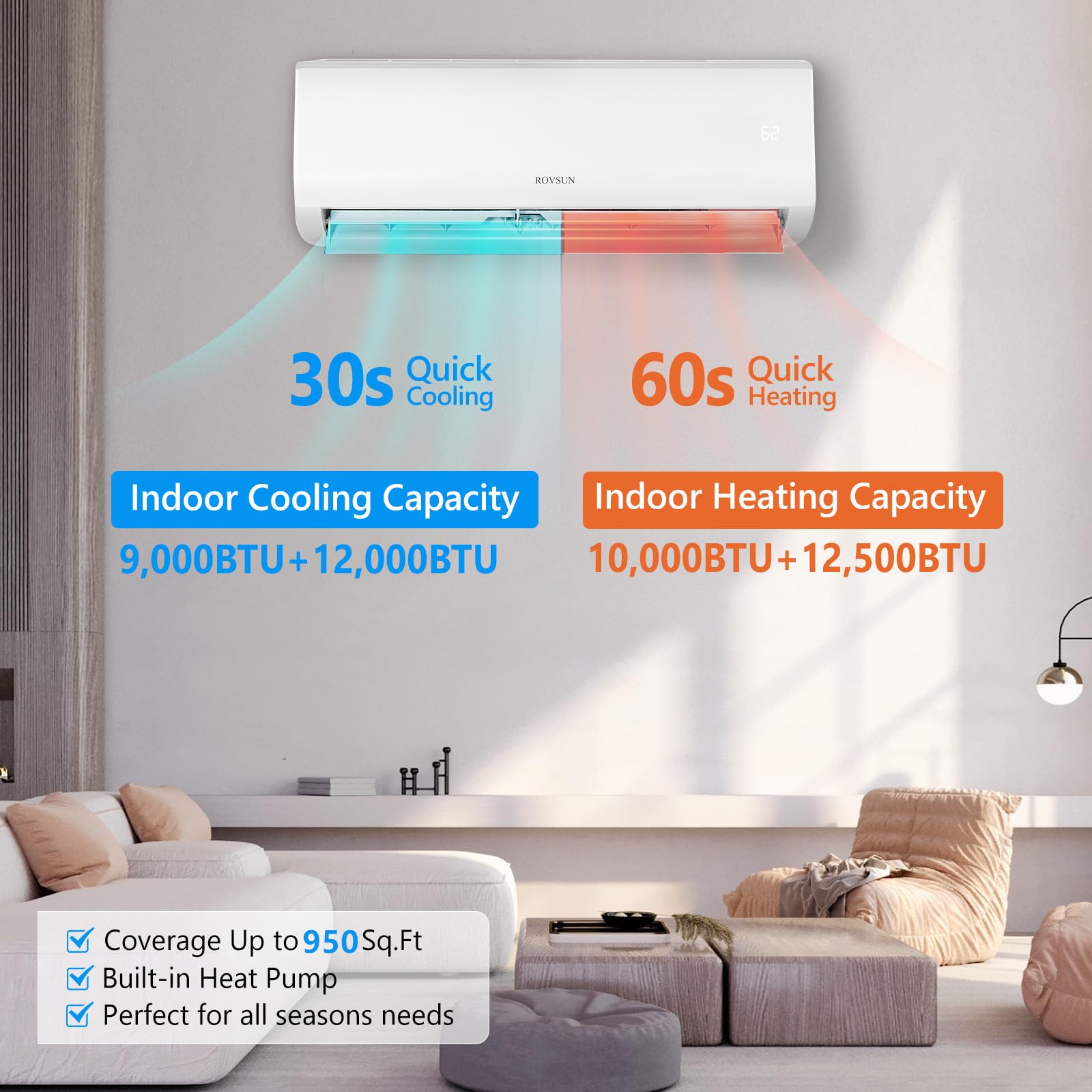 ROVSUN 2 Zone 9000 + 12000 / 18000 BTU Wifi Mini Split Air Conditioner Ductless 19 SEER2 230V with Heat Pump & 25Ft Install Kit