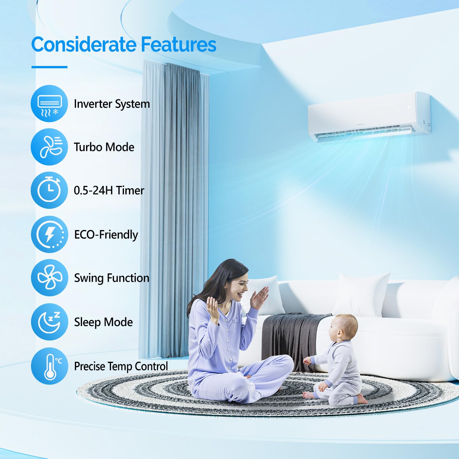 ROVSUN 3 Zone 9,000 + 9,000 + 12,000 / 27,000 BTU Wifi Mini Split Air Conditioner Ductless 19 SEER2 230V with Heat Pump & 25Ft Install Kit