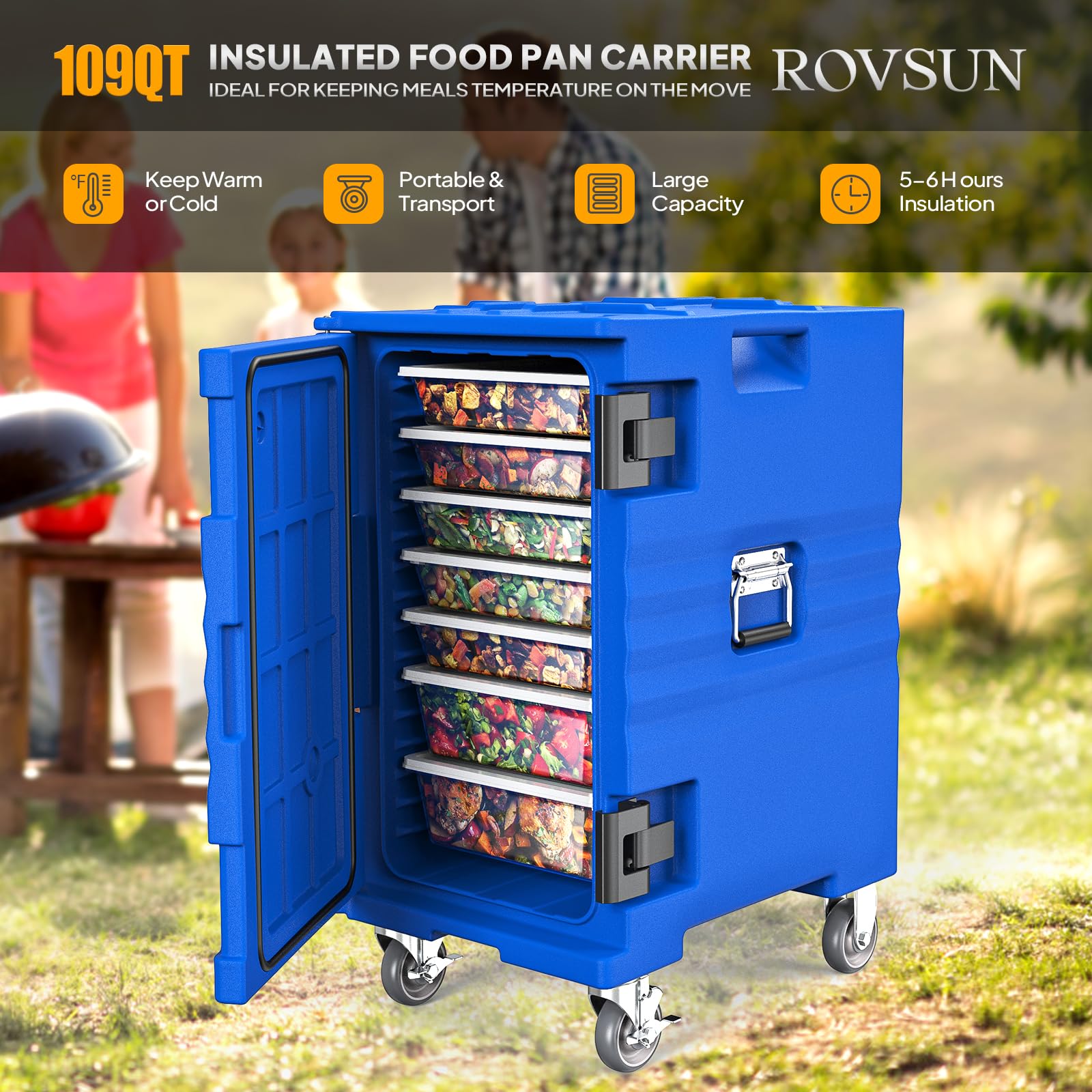 ROVSUN 109 QT Insulated Food Pan Carrier with Lockable Wheels Blue