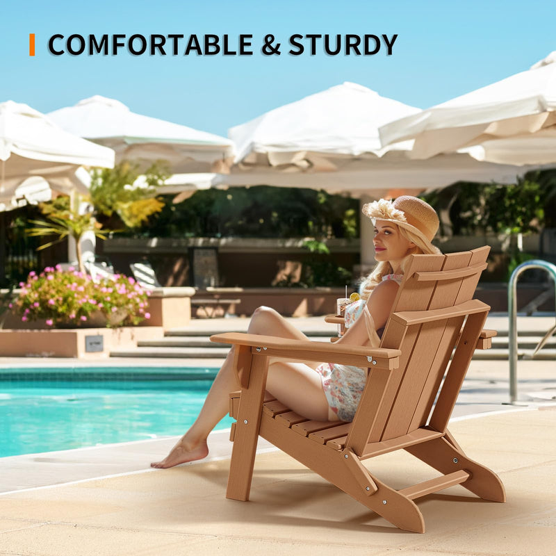 Oversized Plastic Folding HDPE Adirondack Chairs with Cup Holder Teak