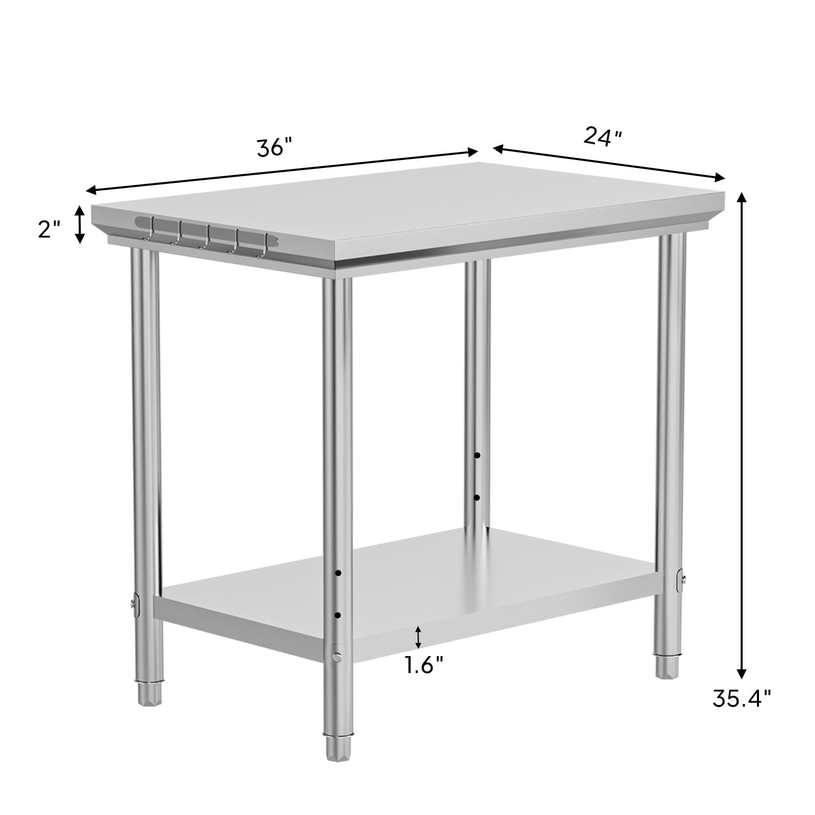 ROVSUN 24" x 36" Stainless Steel Table with Hooks & Undershelf