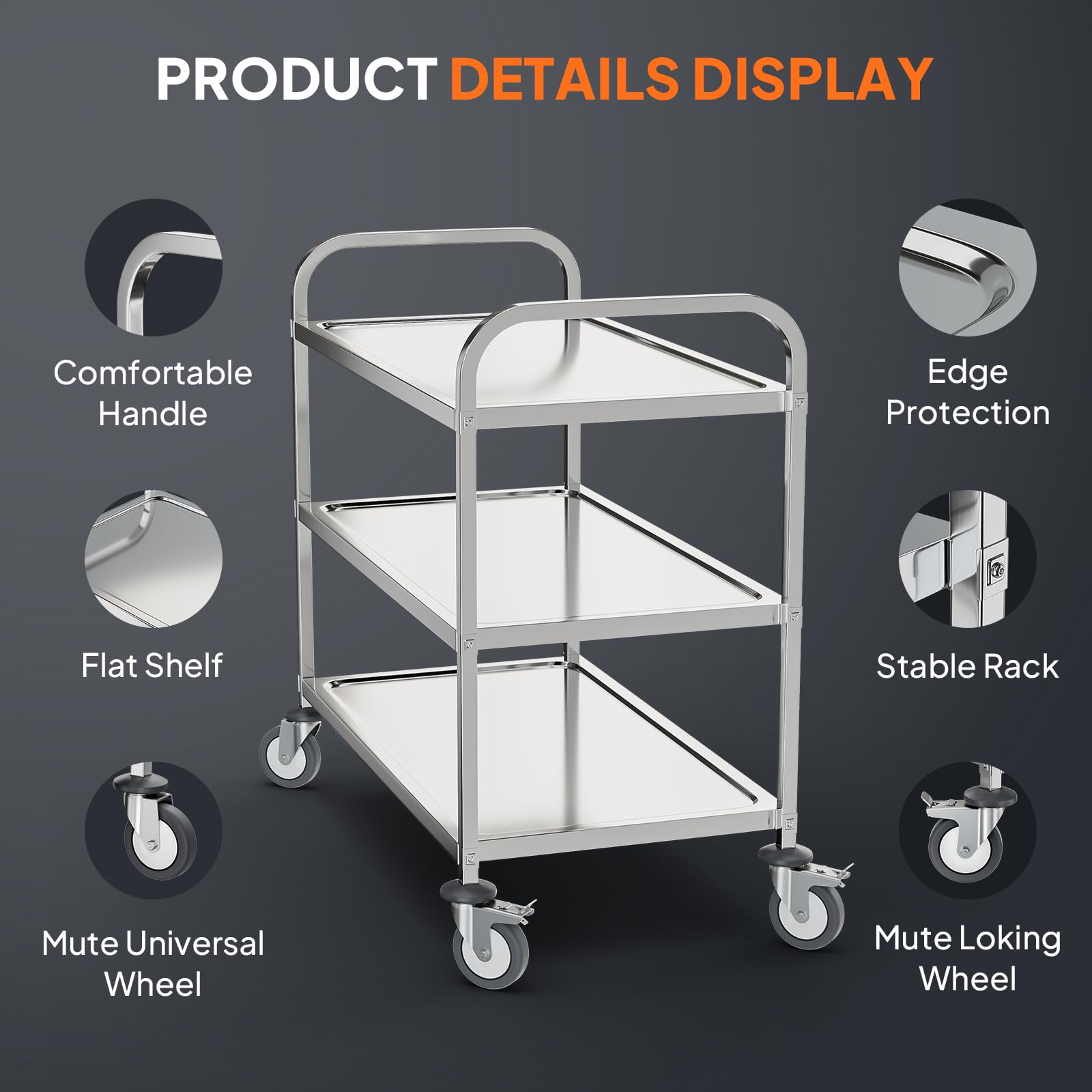 3-Tier Large 330lbs Capacity Stainless Steel Utility Cart with Wheels