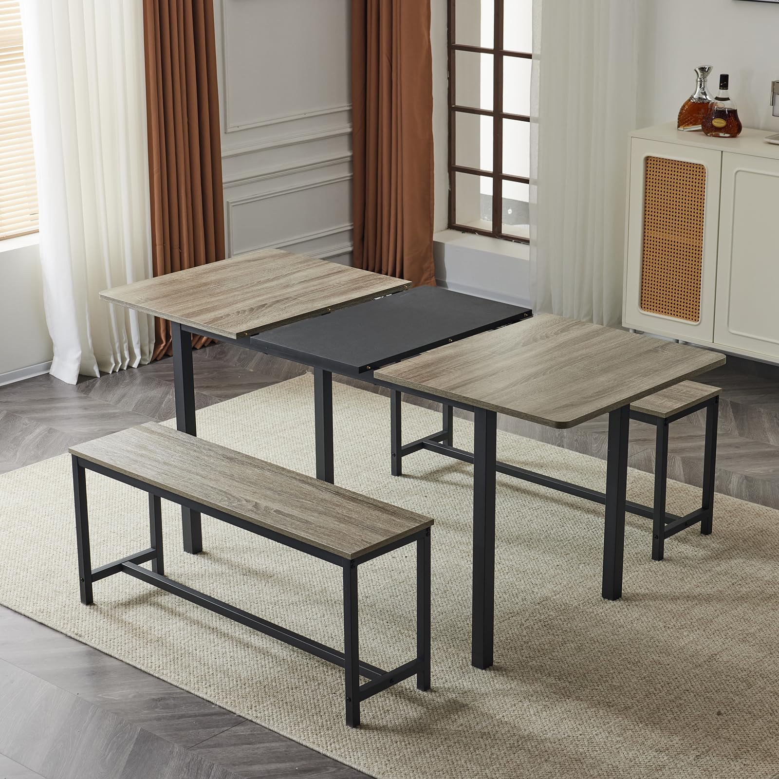 3 Piece Dining Table Set Expandable & Foldable Table with 2 Benches Black Grey