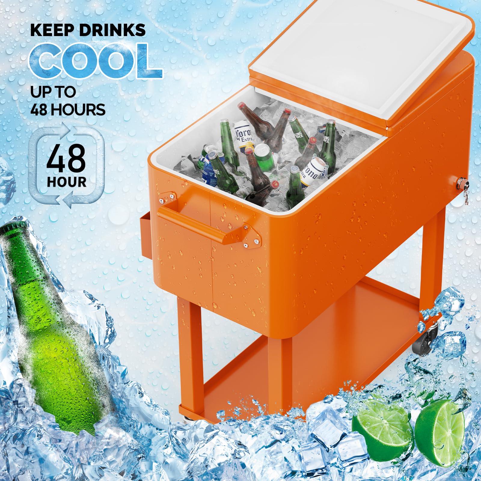 80 Quart Portable Outdoor Patio Rooling Cooler Cart Orange