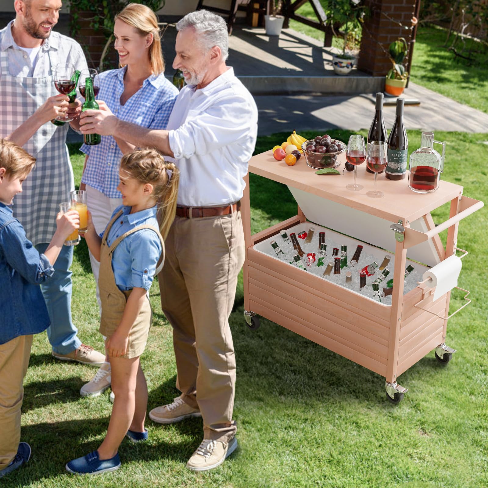 80 Quart Portable Outdoor Patio Rooling Cooler Cart with Table Oak