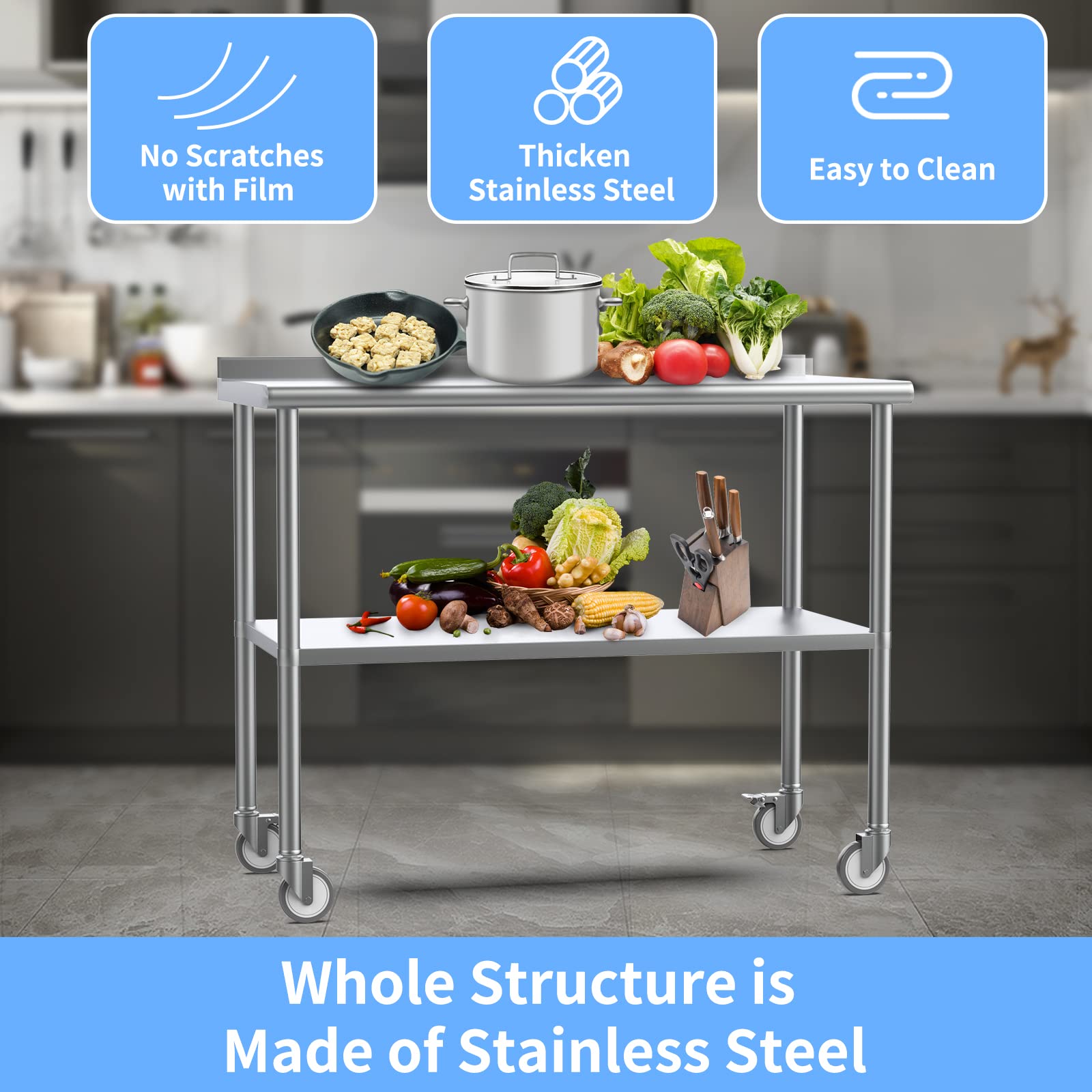 ROVSUN 24" x 72" Stainless Steel Table with Backsplash & Undershelf & Caster