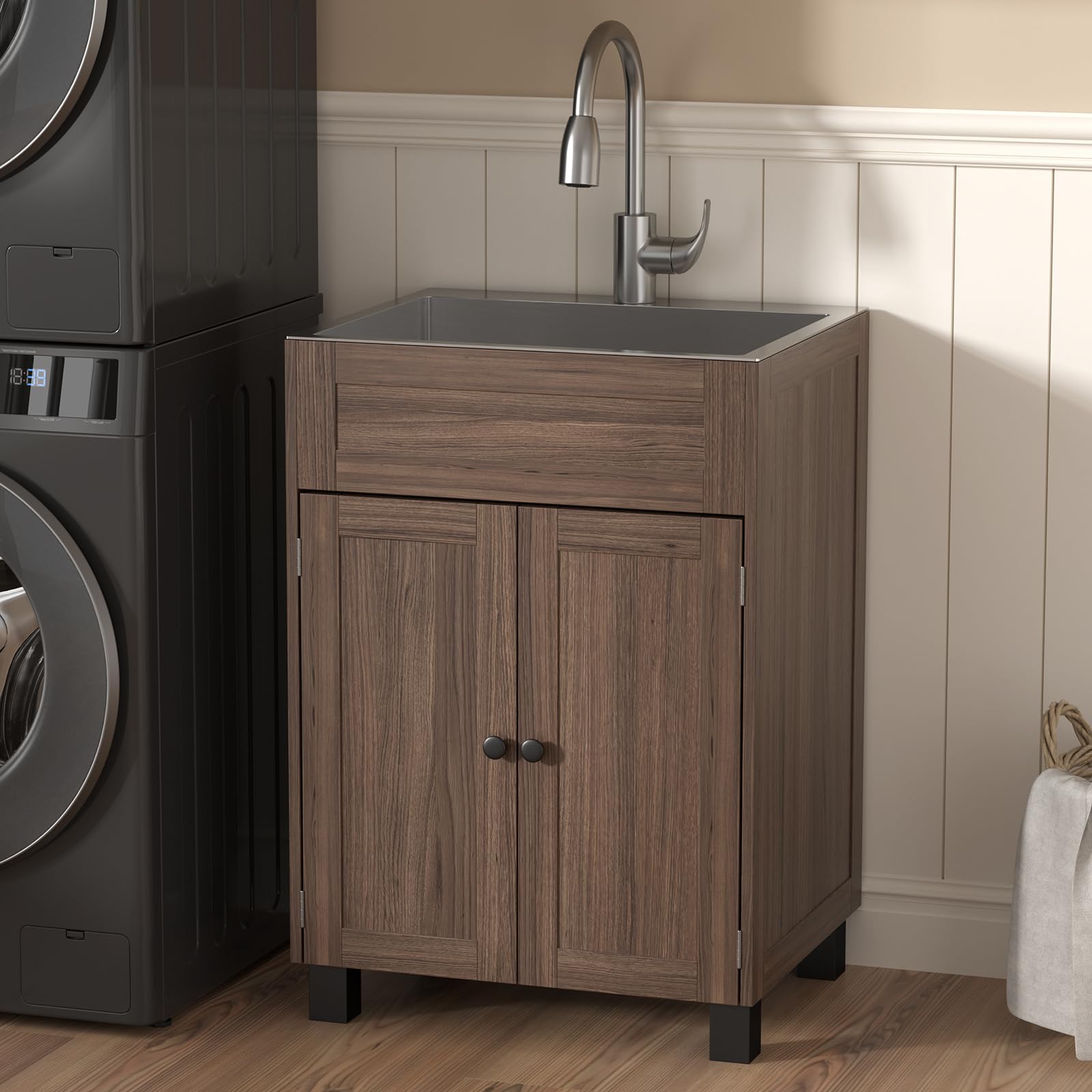 ROVSUN 24 Inch Kitchen Utility Sink with Cabinet for Laundry Room Brown