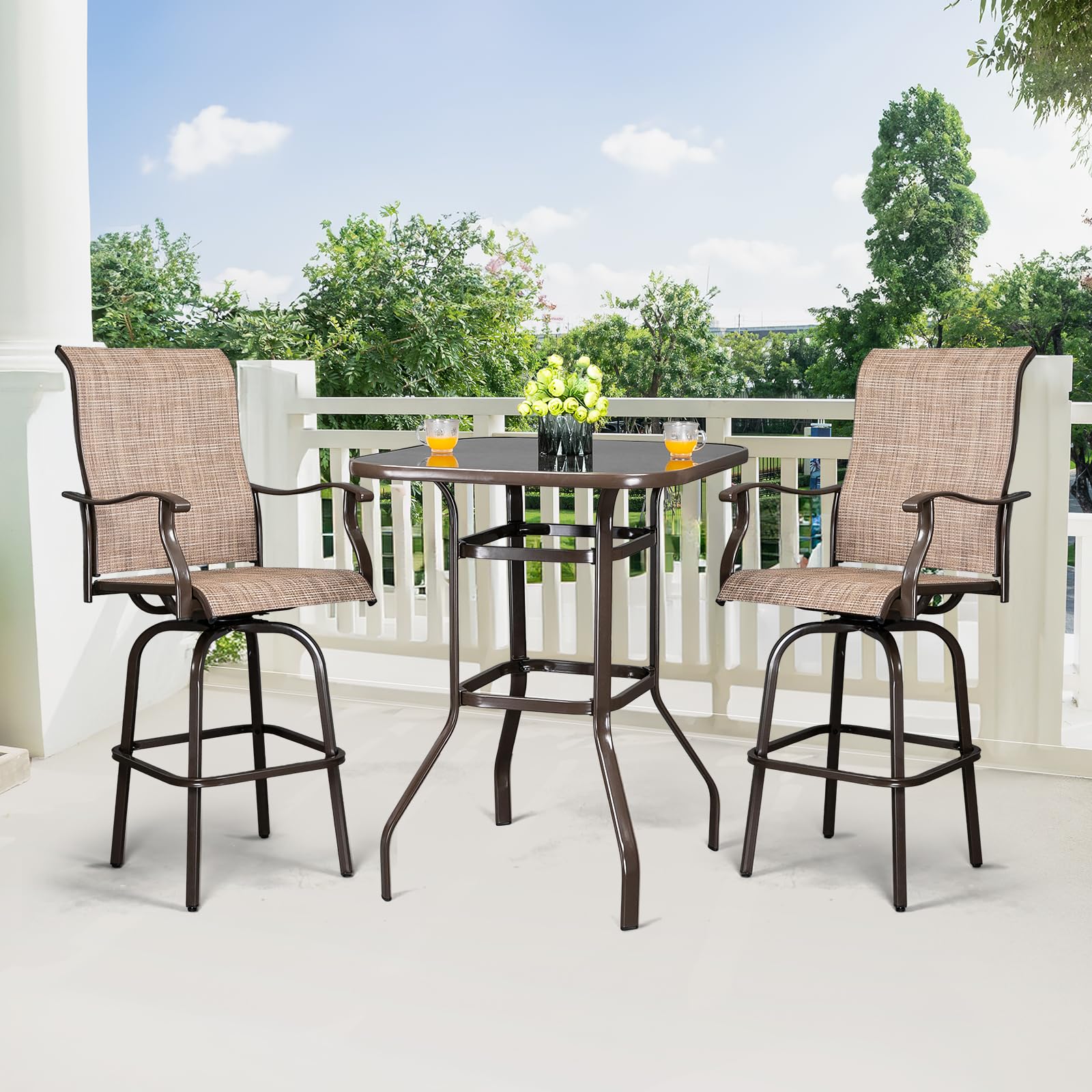 2 Pieces Outdoor Swivel Bar Stool Set Brown