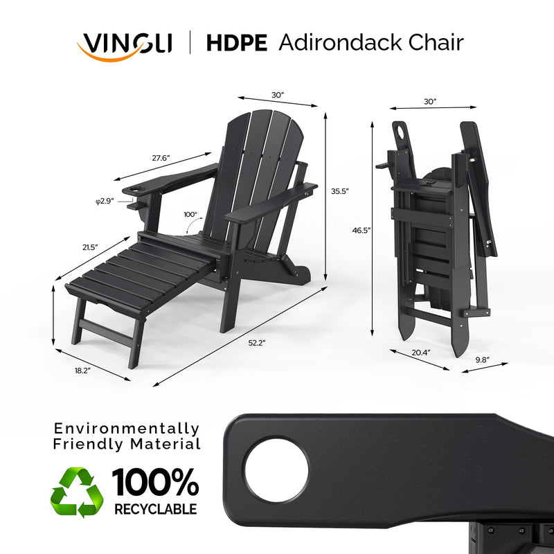 Plastic Folding HDPE Adirondack Chair with Ottoman Black