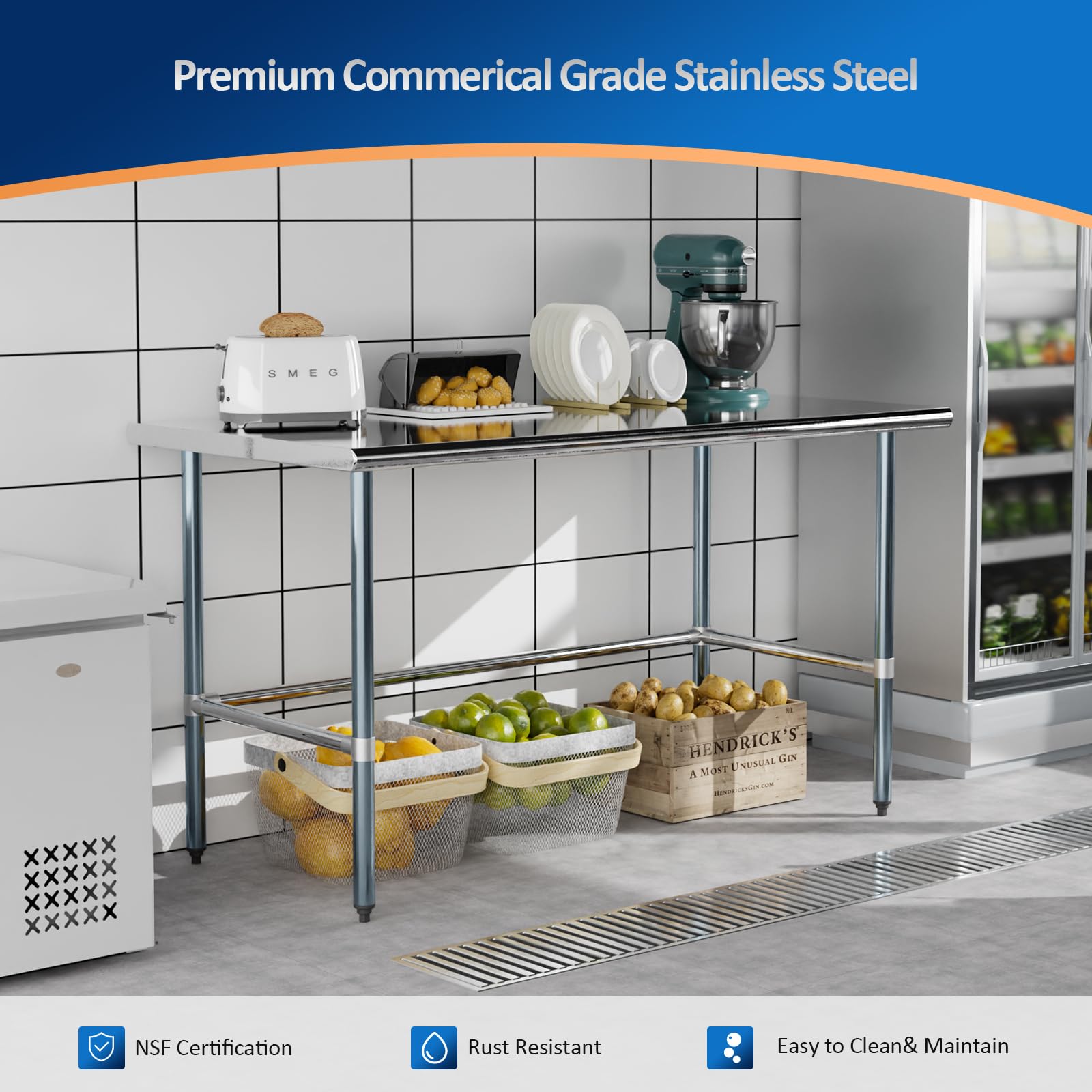 ROVSUN 60 X 30 X 34 Inch Open Base Stainless Steel Table