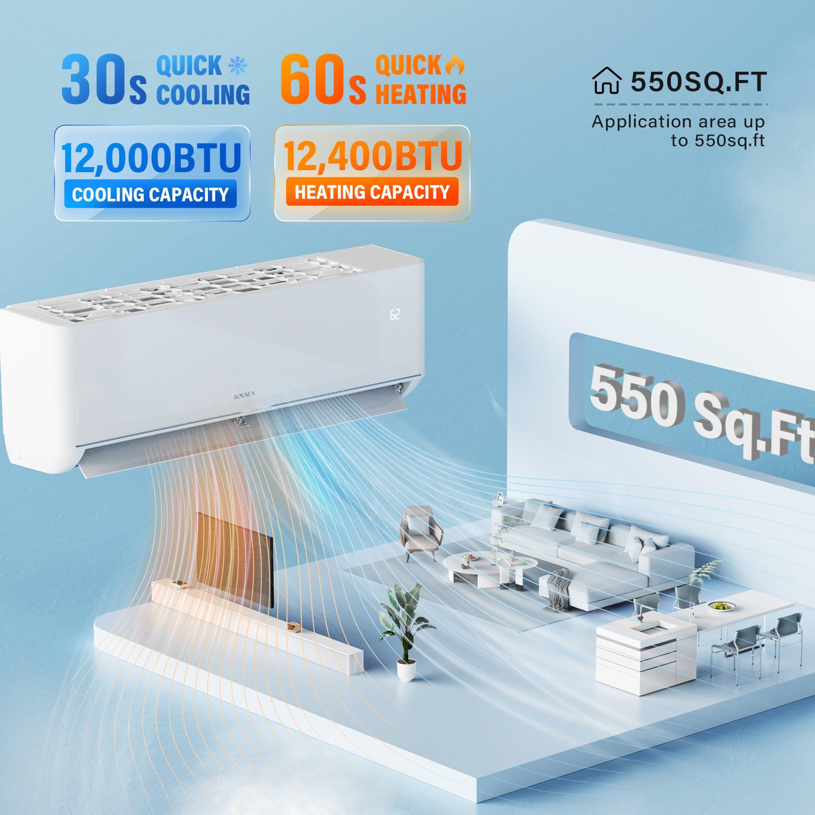 ROVSUN 12,000 BTU 23 SEER2 115V Wifi Enabled Ductless Mini Split Air Conditioner with Heat Pump Inverter & Install Kit