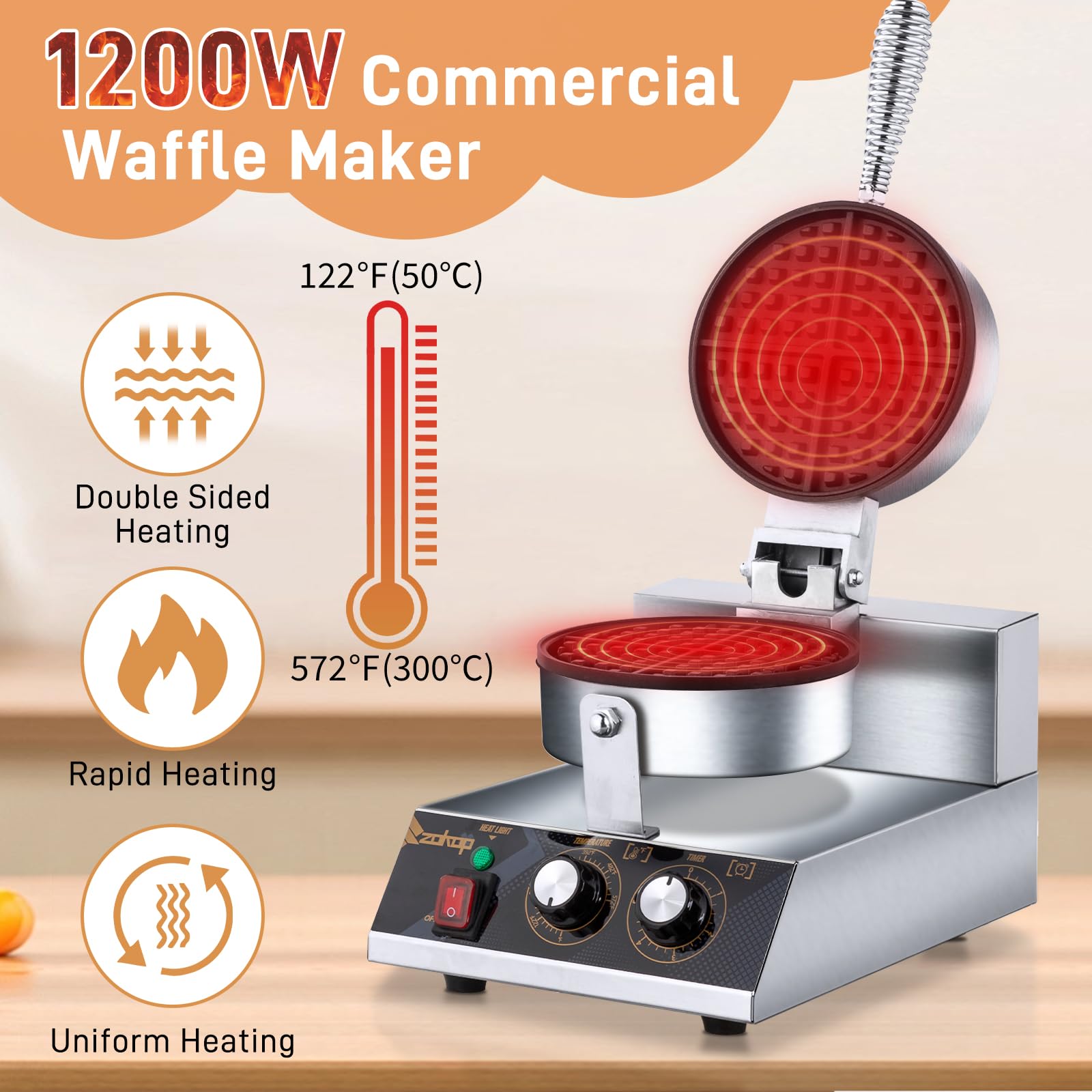 ZOKOP 1200W 110V Single Head Round Waffle Maker