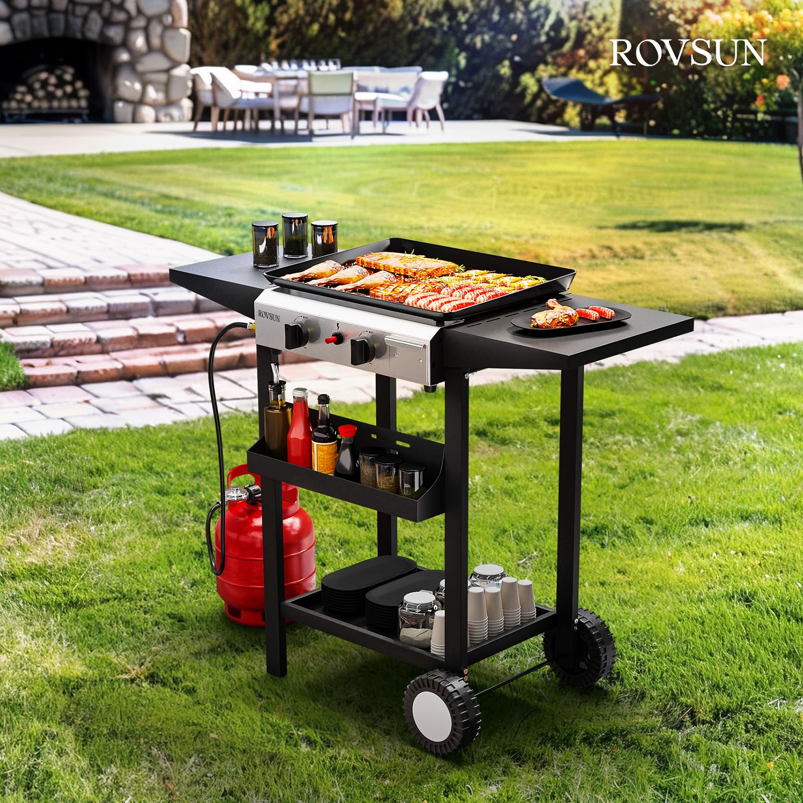 ROVSUN 2 Burner 20,000 BTU Portable Propane Rolling Flat Top Gas Grill with Stand