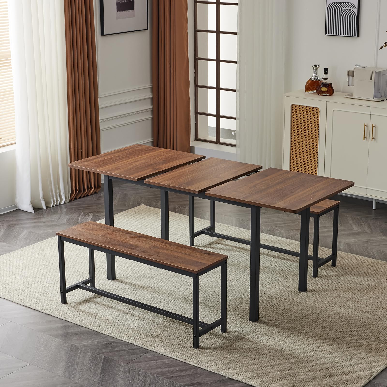 3 Piece Dining Table Set Expandable & Foldable Table with 2 Benches Walnut