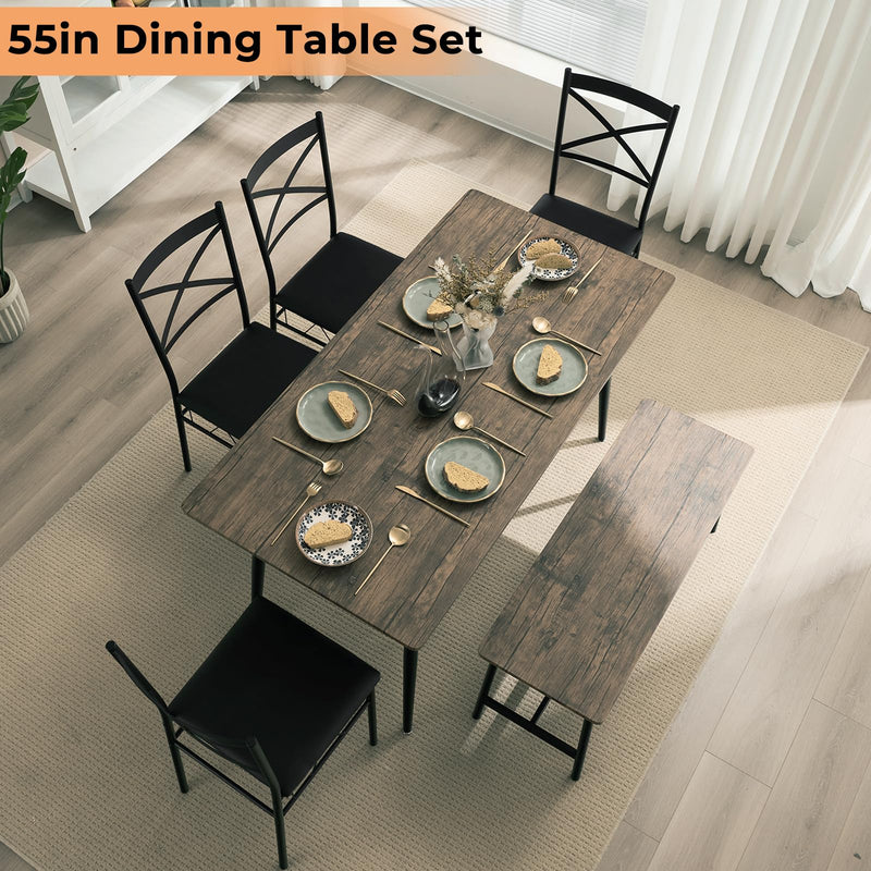 6 Piece Dining Set Wooden Table and 4 Upholstered Chairs & Bench Rustic Brown