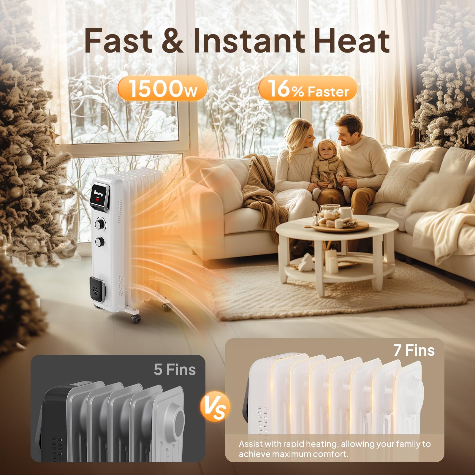 1500W 120V Oil Filled Radiator Heater White