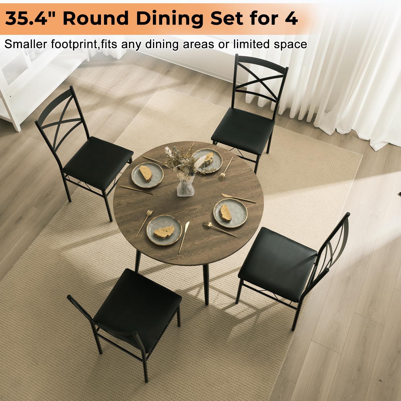 5 Piece Dining Set Round Table and 4 Upholstered Chairs Light Brown