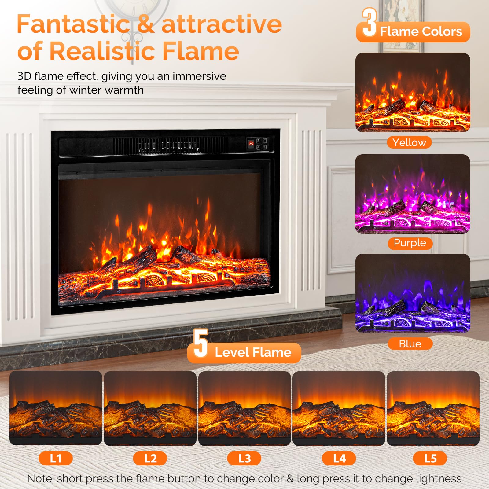 ROVSUN 26'' W 1500W 120V Electric Fireplace Inserts with APP & Remote