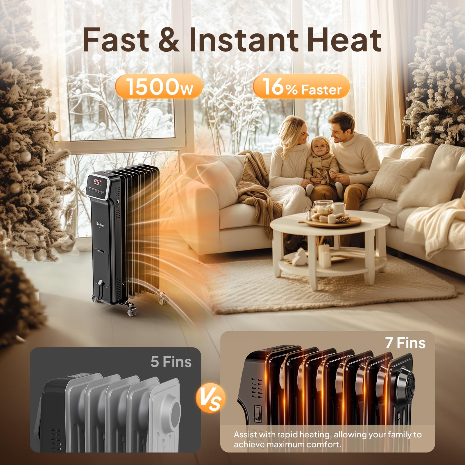 1500W 120V Oil Filled Radiator Heater with Remote & APP