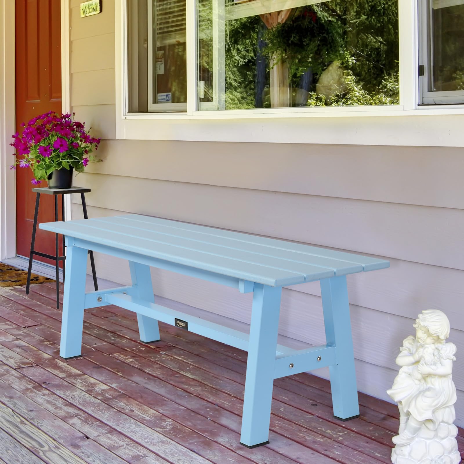 47 Inch HDPE Outdoor Bench with Metal Legs Blue