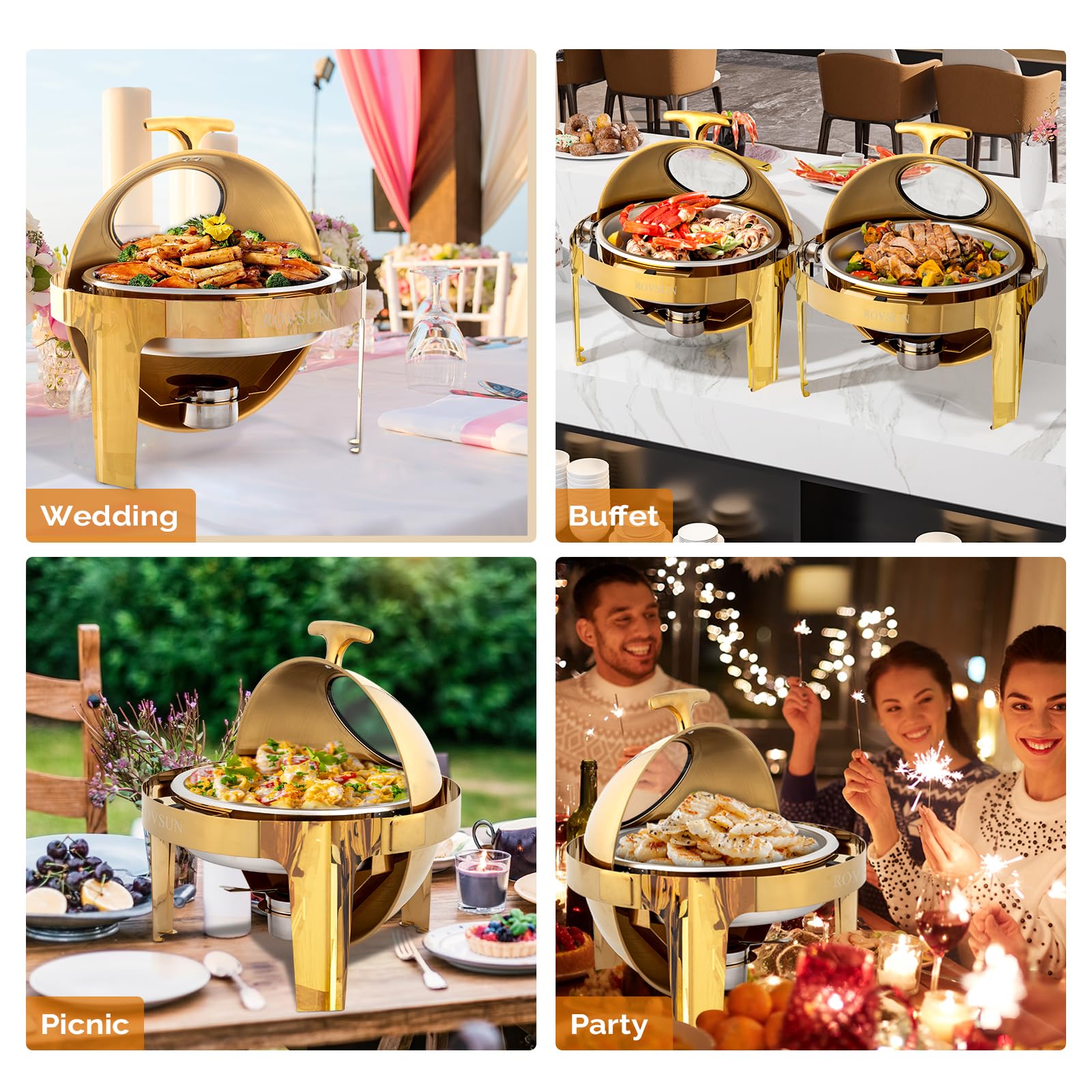 ROVSUN 6 QT Gold Roll Top Round Chafing Dish Buffet Set with Glass Window