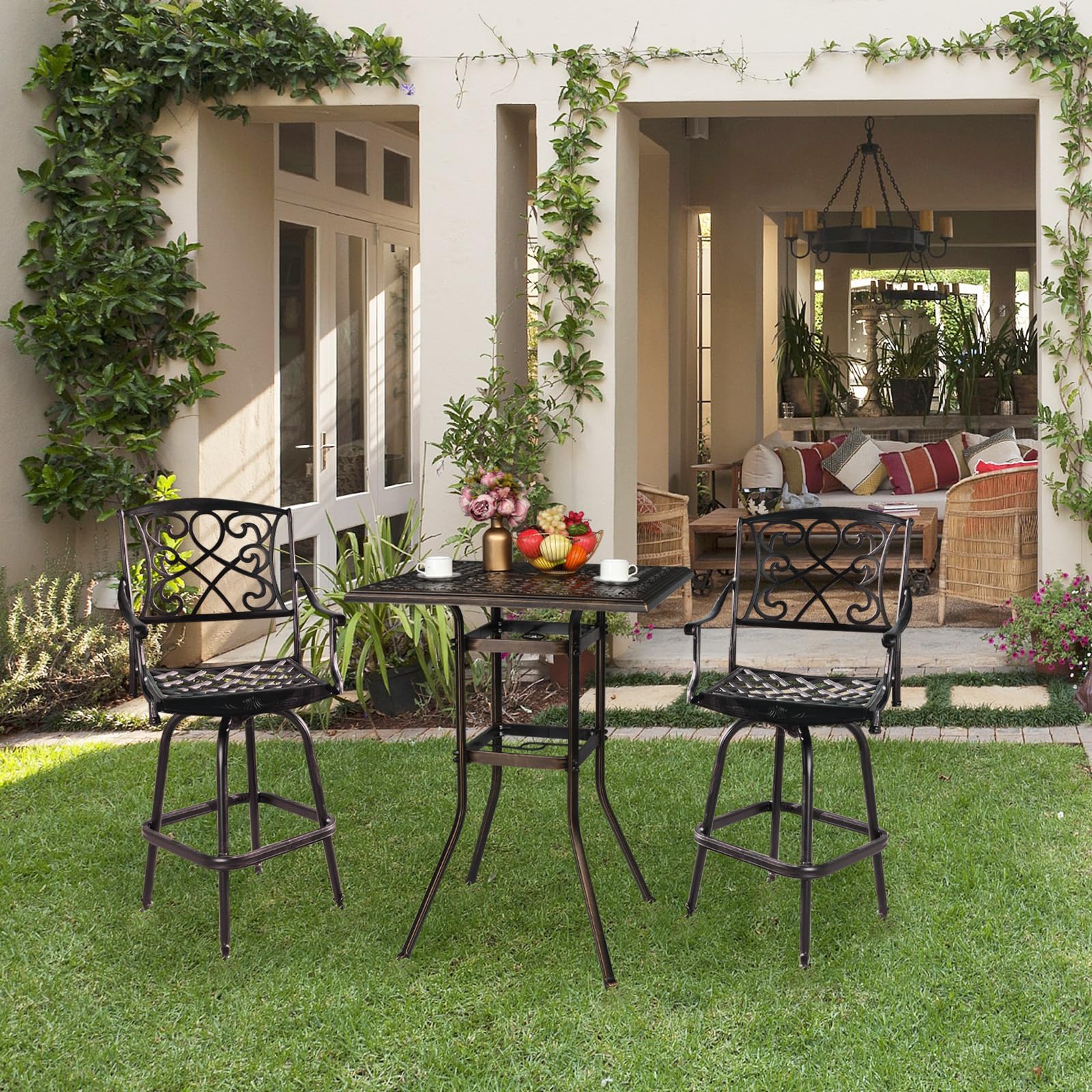 32 Inch Square Outdoor Bar Table with Umbrella Hole Bronze