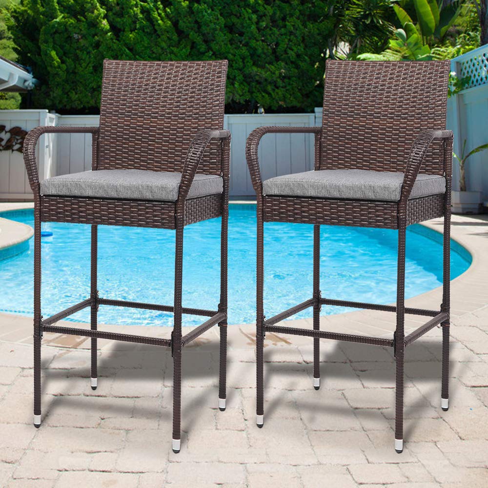 Outdoor Wicker Bar Stools Set with Armrest